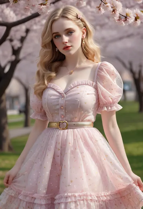 A beautiful sensual, curvy blonde kid wearing a sweet Pink Party Contrast Mesh, Ruffle Hem, All Over cherry blossoms Print, A Li...