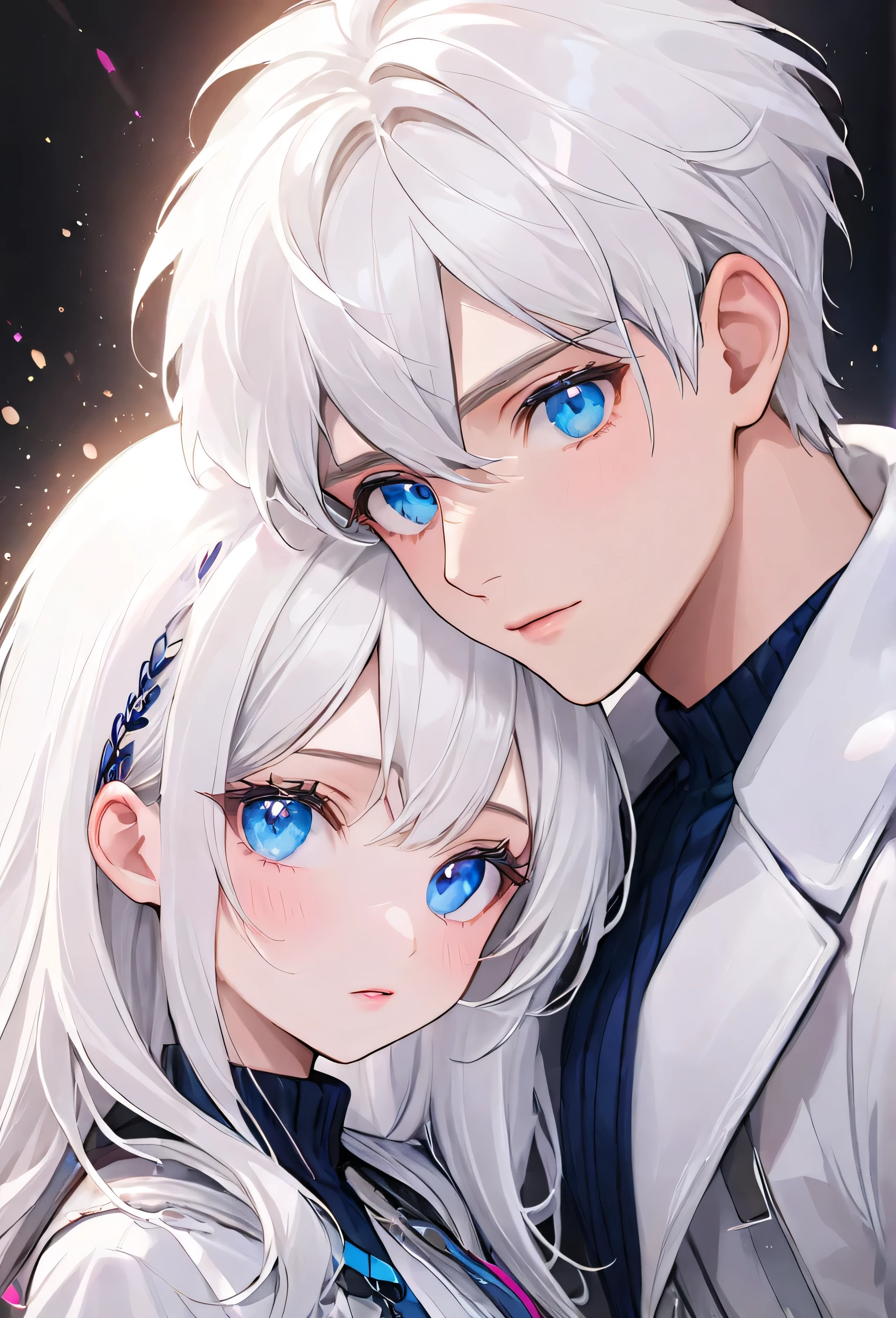 Couple 1 girl and 1 boy, white hair with pink tips, blue eyes, ultra-detailed, beautiful face,