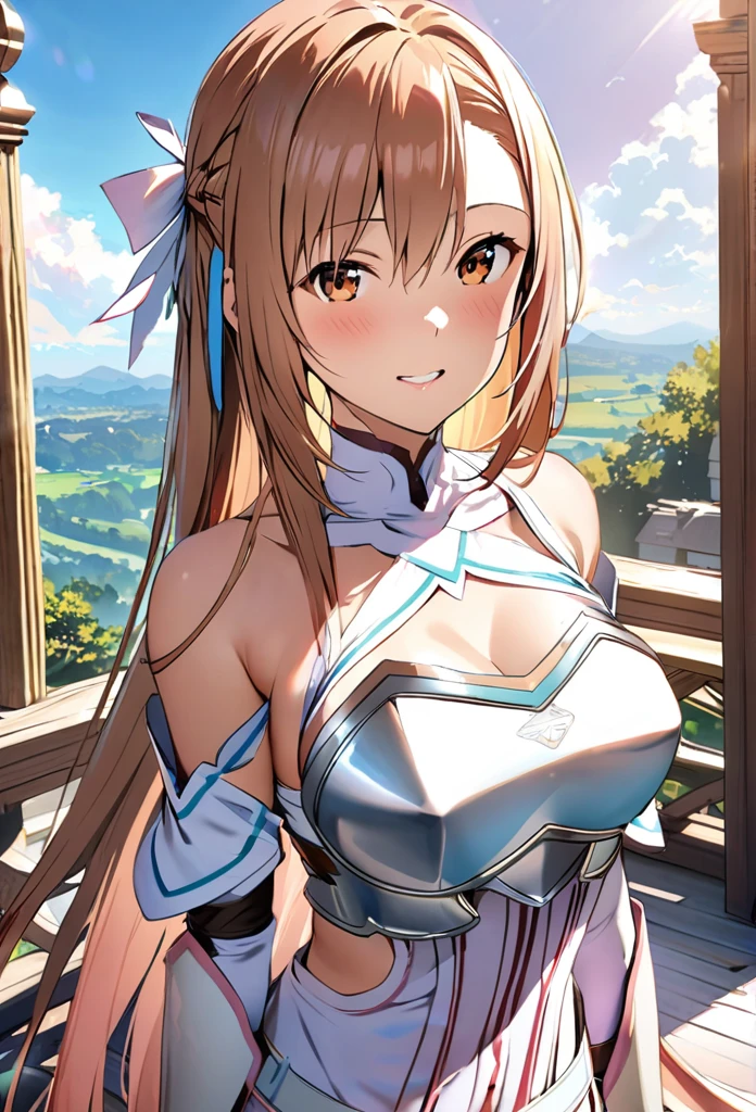 ((obra maestra)), de la máxima calidad, Muy detallado,(Una chica),Yuki Asuna、Asuna (permanecer), Ojos cafés, hombros descubiertos, coraza, armadura, mangas separadas, guantes, white guantes, vestido, (red and white vestido), pelo largo, hermoso fondo ,Ropa,  pecho, 