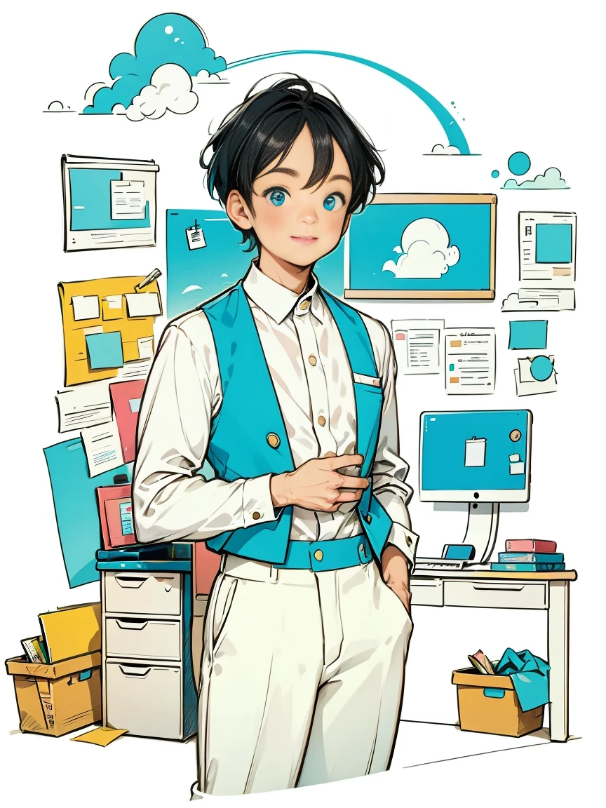 一个穿白衬衫和蓝背心的男孩,裤子,常设,在办公室工作,长发,微笑,简单的背景,