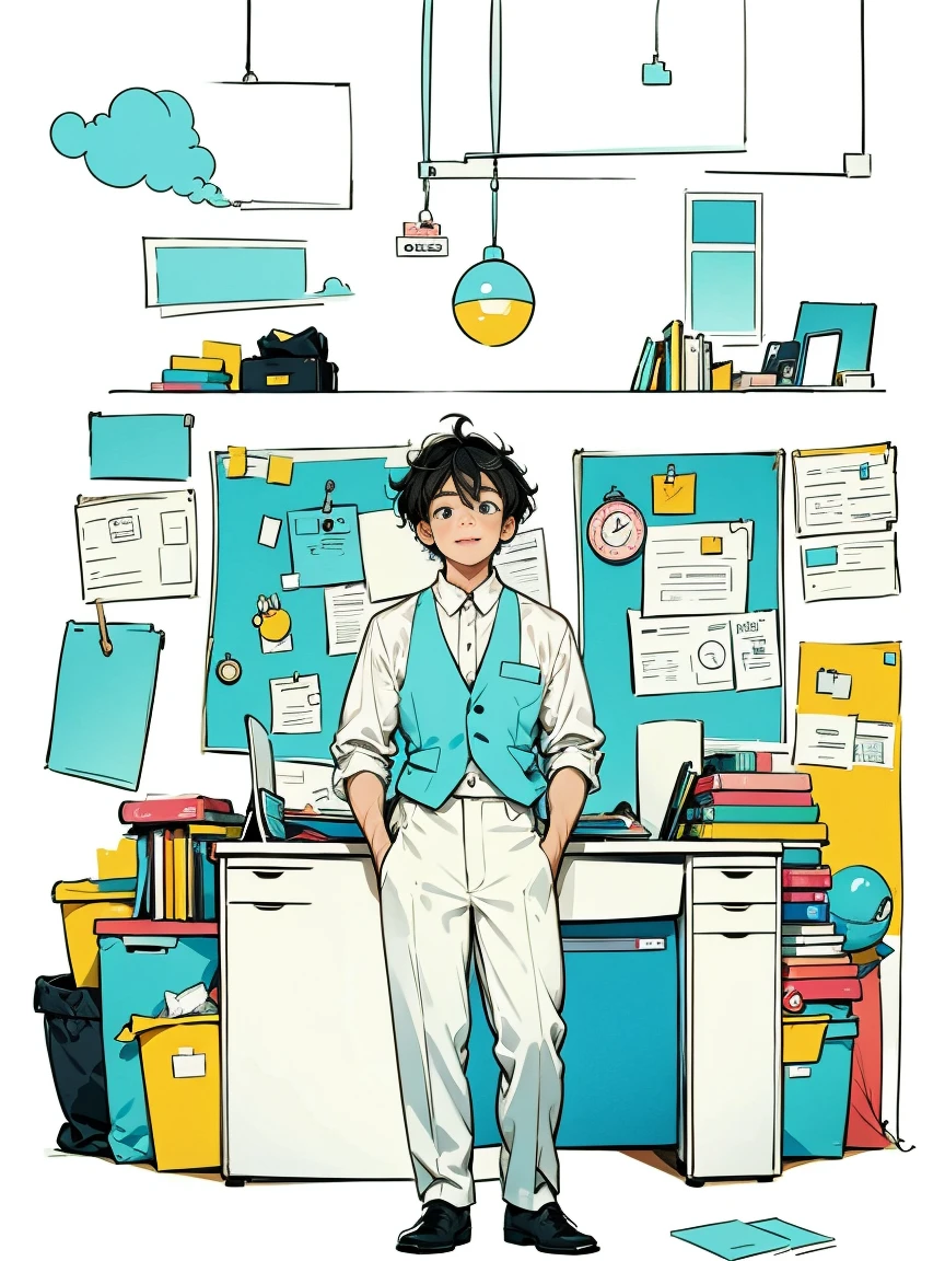 ein Junge in weißem Hemd und blauer Weste,Hose,Stehen,im Büro arbeiten,lange Haare,lächeln,einfacher Hintergrund,