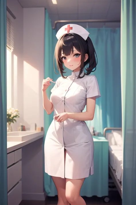 Infirmary, curtain, 1 Girl, Nurse, White Dress,, masterpiece, best quality, Very detailed