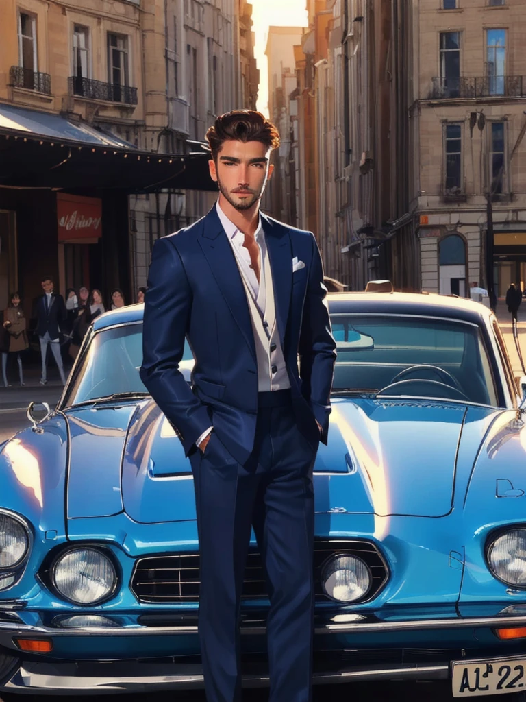 a close up of a man in a Dura standing next to a car, guapo y elegante, wearing a stylish men's Dura, masculino y guapo, wearing dark blue Dura, Alta costura masculina atractiva, guapo y atractivo, stylish Dura, hombre guapo, Dura ， cara perfecta, dressed in a Dura, luxurious Dura, bien vestido, Rostro sofisticado y bien redondeado., elegant Dura