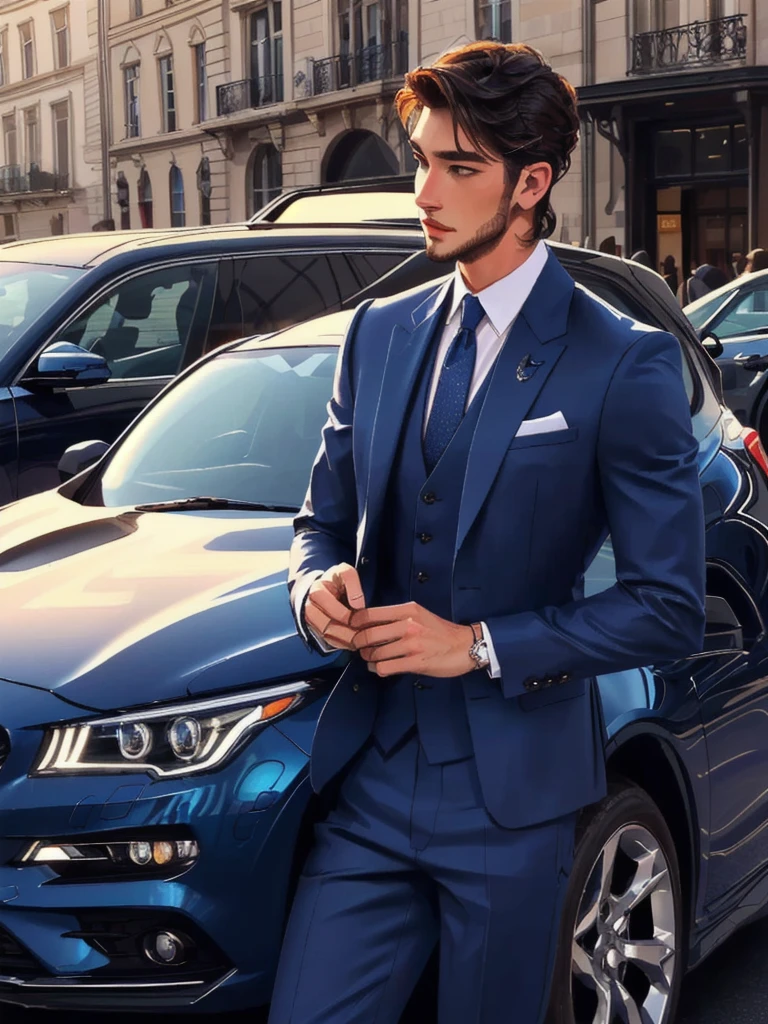 a close up of a man in a Dura standing next to a car, guapo y elegante, wearing a stylish men's Dura, masculino y guapo, wearing dark blue Dura, Alta costura masculina atractiva, guapo y atractivo, stylish Dura, hombre guapo, Dura ， cara perfecta, dressed in a Dura, luxurious Dura, bien vestido, Rostro sofisticado y bien redondeado., elegant Dura