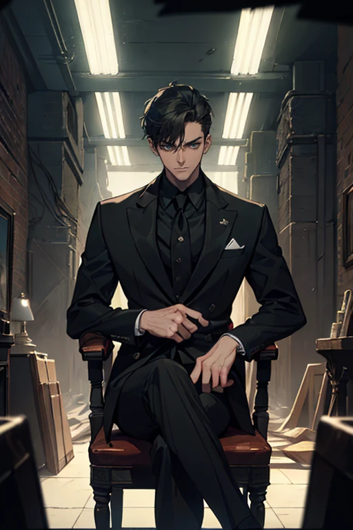 ((One young man with a black suit and tie)), gotham, alejandro, (((side swept dark short hair))), (dark green eyes and thick eyebrows), smirk, ((20 years old)), ((masterpiece)), posture dynamic, ((cinematic lighting)), (height tall around 5 foot 6), sitting on the chair