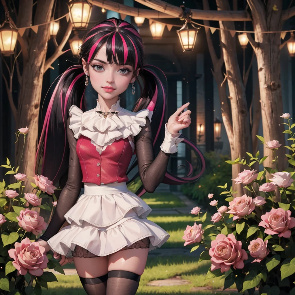 1girl, vampire girl, vampire fangs, succubus, centered, award winning upper body portrait, cowboy shot, (looking at viewer:1.2), Draculaura_MH, solo, black half hair, pink half hair, multicolored hair, long hair, white skirt, pink knee boots, smiling, garden scenery, japanese lanterns, dark red roses, depth of field, cinematic composition, ((high quality)), ((Work of art)), (more detail), half black hair, half soft pink hair, wave hair, pink heart in the eyes, smile, vampire fangs, maid dress, black maid headdress, black maid apron, bat wings, pink skirt, black dress with transparency, pink laces, black gloves, black high socks, high hills boots, bat jewelry, jewelry, seat on the grass, dark red roses on focus, Draculaura_(monster high), Monster High, looking at the viewer, more details on the clothes,