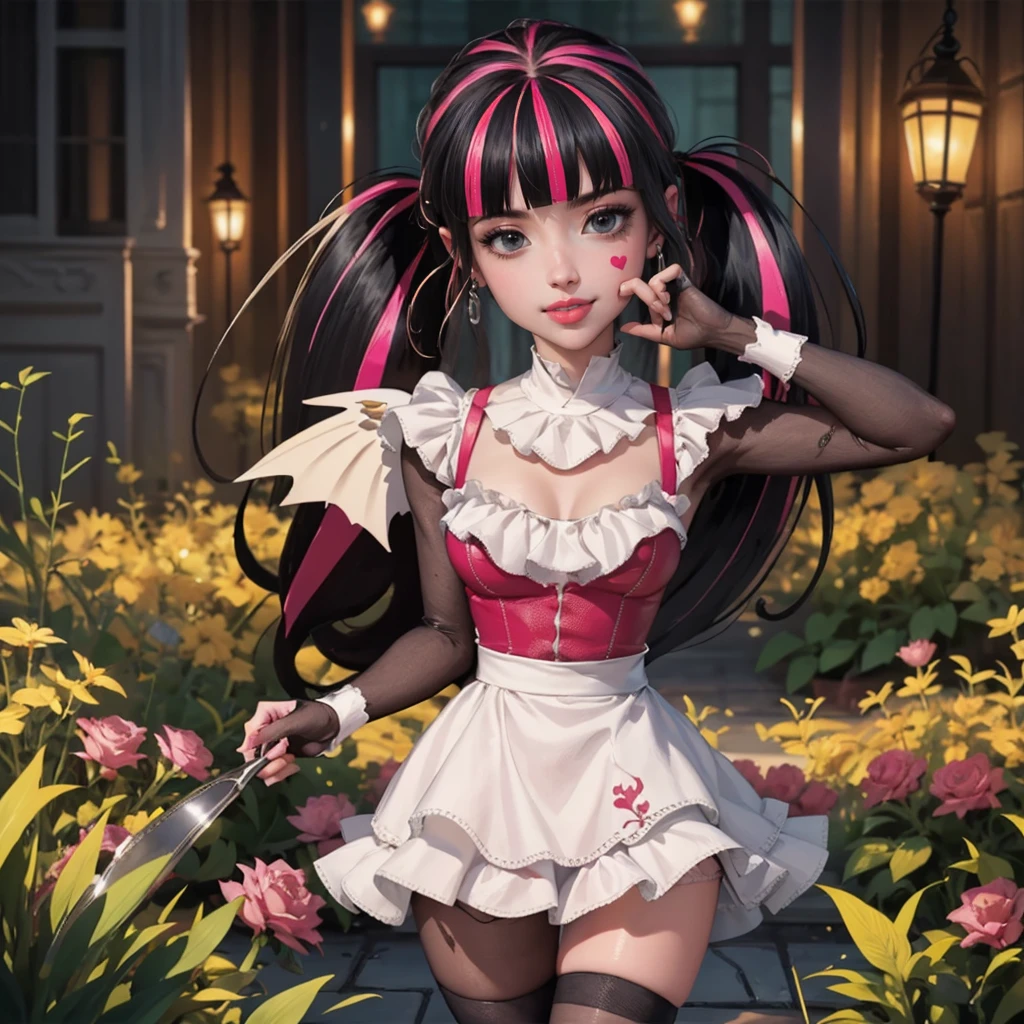 1girl, vampire girl, vampire fangs, succubus, centered, award winning upper body portrait, cowboy shot, (looking at viewer:1.2), Draculaura_MH, solo, black half hair, pink half hair, multicolored hair, long hair, white skirt, pink knee boots, smiling, garden scenery, japanese lanterns, dark red roses, depth of field, cinematic composition, ((high quality)), ((Work of art)), (more detail), half black hair, half soft pink hair, wave hair, pink heart in the eyes, smile, vampire fangs, maid dress, black maid headdress, black maid apron, bat wings, pink skirt, black dress with transparency, pink laces, black gloves, black high socks, high hills boots, bat jewelry, jewelry, seat on the grass, dark red roses on focus, Draculaura_(monster high), Monster High, looking at the viewer, more details on the clothes,