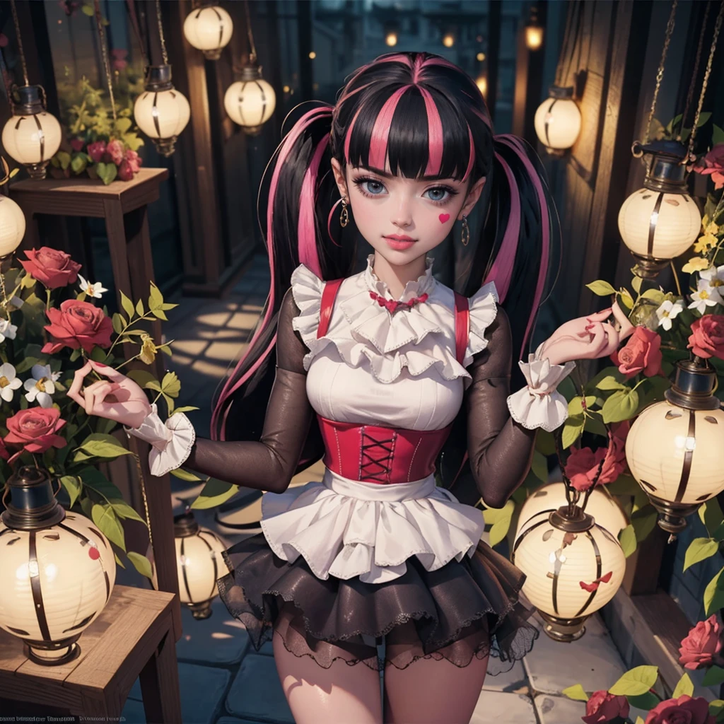 1girl, vampire girl, vampire fangs, succubus, centered, award winning upper body portrait, cowboy shot, (looking at viewer:1.2), Draculaura_MH, solo, black half hair, pink half hair, multicolored hair, long hair, white skirt, pink knee boots, smiling, garden scenery, japanese lanterns, dark red roses, depth of field, cinematic composition, ((high quality)), ((Work of art)), (more detail), half black hair, half soft pink hair, wave hair, pink heart in the eyes, smile, vampire fangs, maid dress, black maid headdress, black maid apron, bat wings, pink skirt, black dress with transparency, pink laces, black gloves, black high socks, high hills boots, bat jewelry, jewelry, seat on the grass, dark red roses on focus, Draculaura_(monster high), Monster High, looking at the viewer, more details on the clothes,