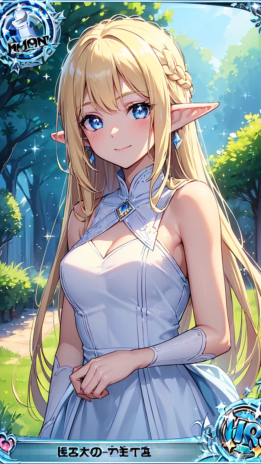 ((Trading Card Design、Super Rare、Sparkling))、16K、masterpiece、High resolution、High resolution、((Young Elven Woman))、((Beautiful white skin))、((Beautiful blonde))、((Sparkling Blue Eyes))、((Pointy Ears))、Smiling Kindly、blush、Sleeveless white shirt、Wear a straw hat、Clear blue sky、look at me、((Upper body close-up))