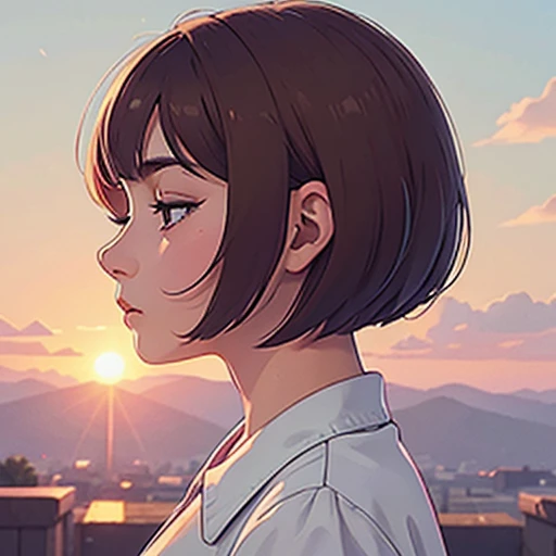 best quality, 1girl, cloud girl, from very side view, standing in the sky, thinking, Lovely, half-closed eyes, bob-cut hair, brown hair, pastel, pink and blue, close-up, bright, warm soft lighting, sunset,