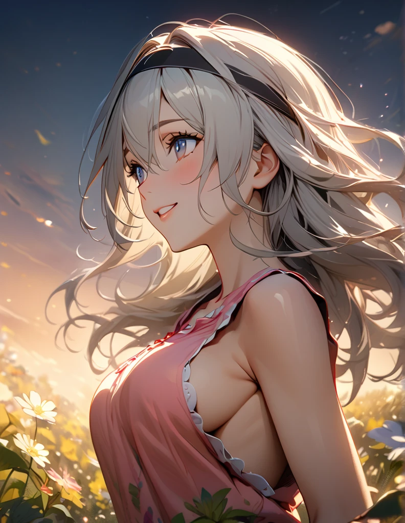 beautiful girl, long grey hair, beautiful face,smiling,close up to hips, beautiful breast, in the middle of flowers field, (open mouth:0.4),illustration,detailed textures(realists),ultra-detailed,portrait style,vivid colors,soft lighting, blushing, mature, hair fluttering, evening light , head band, ((half body)),  sideboob, wearing casual pajamas, perky. ((side profile until hips))