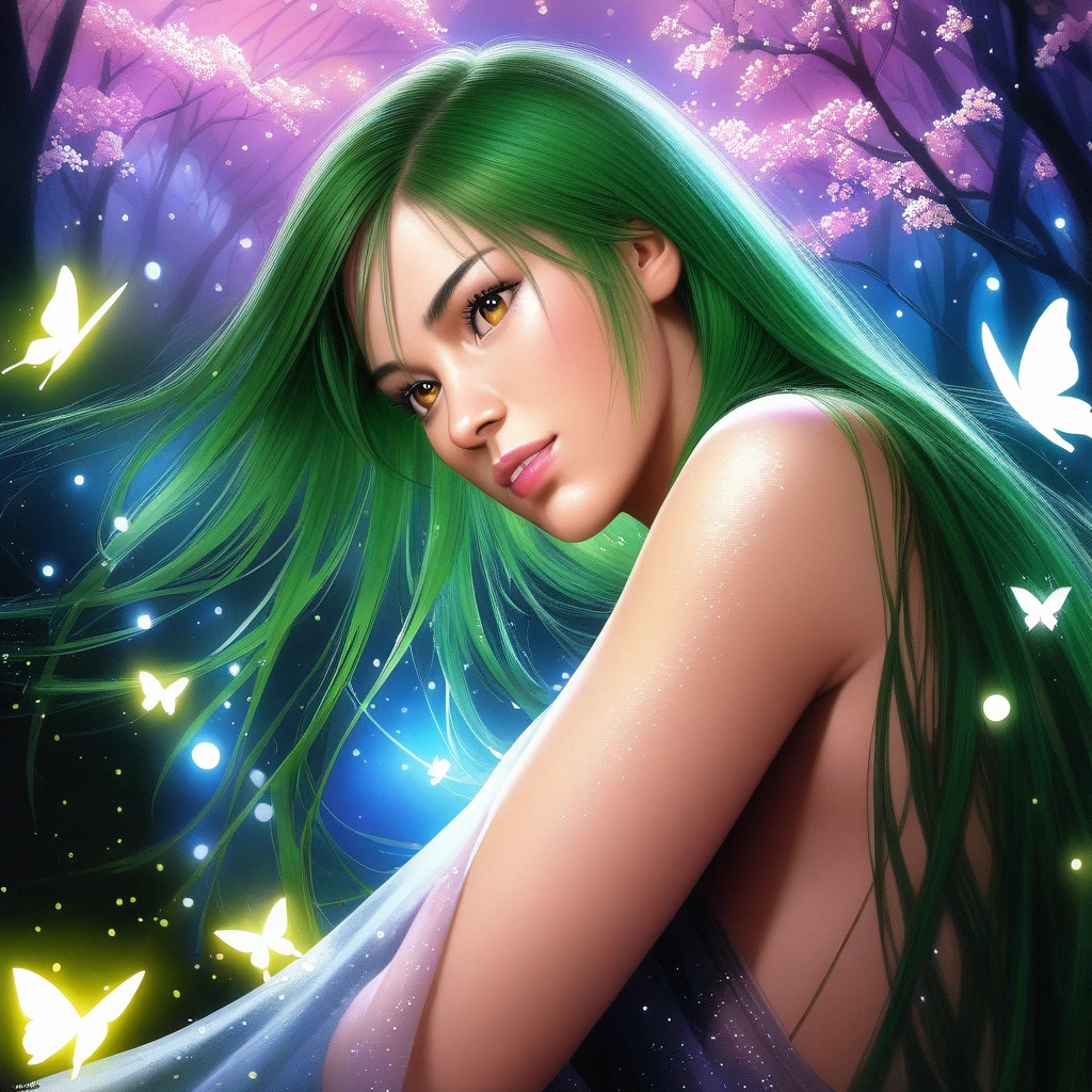 (best quality, 8k, masterpiece, highres, ultra-detailed), photorealistic, ethereal forest nymph, moonlight, dew, shimmering skin, flowing gown, leaves, vines, glowing flowers, emerald green hair, shimmering gold eyes, ancient trees, luminous butterflies, fireflies, magical, mystical, fantasy, ethereal, dreamlike, soft light, vibrant colors, intricate details, realistic anatomy.