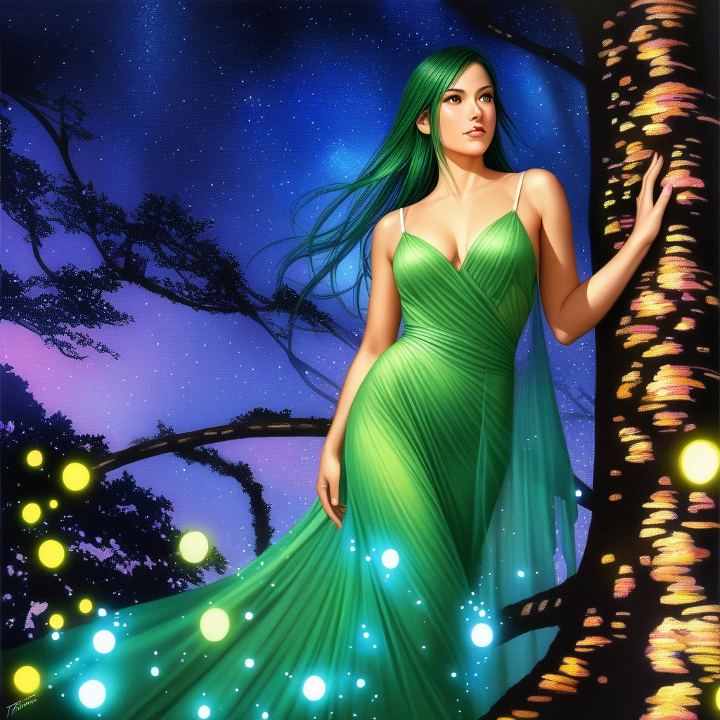 (best quality, 8k, masterpiece, highres, ultra-detailed), photorealistic, ethereal forest nymph, moonlight, dew, shimmering skin, flowing gown, leaves, vines, glowing flowers, emerald green hair, shimmering gold eyes, ancient trees, luminous butterflies, fireflies, magical, mystical, fantasy, ethereal, dreamlike, soft light, vibrant colors, intricate details, realistic anatomy.