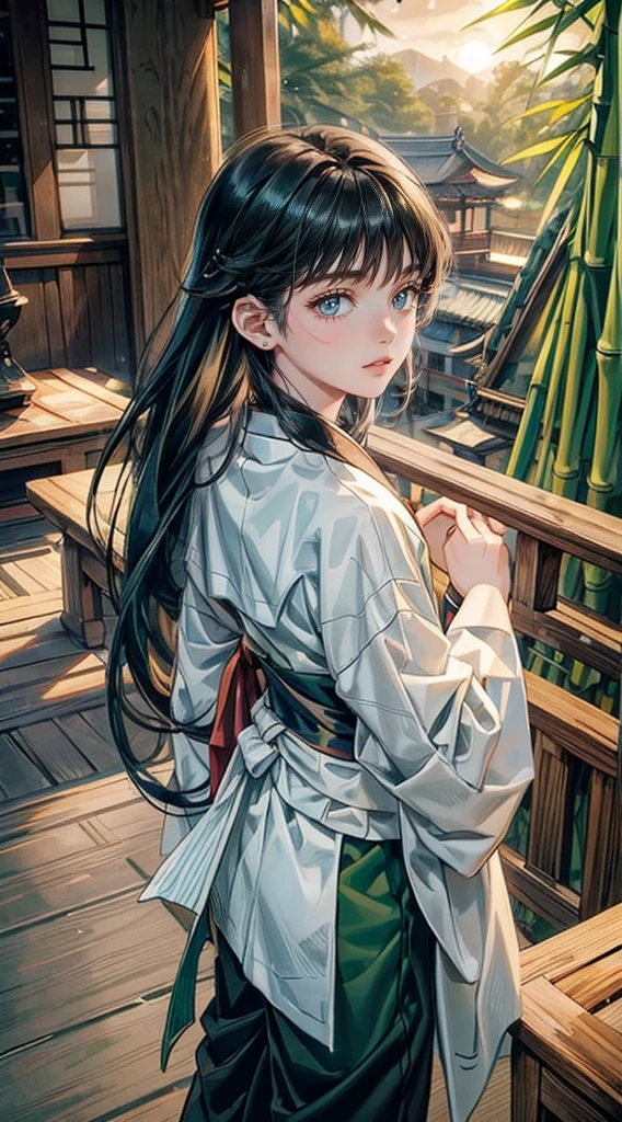 ((4K works))、​masterpiece、(top-quality)、One Beautiful Boy、thin body、thin boy,tall、((green Hanfu、Charming street style))、(Detailed beautiful eyes)、Stylish Chinese house 、((bamboo forest background))、((dark sky))、((Shot on a stylish veranda))、mid night、((long-haired black hair))、((Smaller face))、((Neutral face))、((growing eyes))、((Adult male ))、((1boy))、((anime boy))、((elongated and sharp eyes))、(( boy))、((boyish))、((Upper body photography))、Professional Photos、((Shot alone))、((shot from back))、((Shot so that the back of the head is visible))、((Shot in close proximity to him))、((Focus zoom in))、((He is watching the sunset))、((He is standing on the balcony)),long hair, 16k,