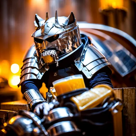 this cat in armor is holding a beer