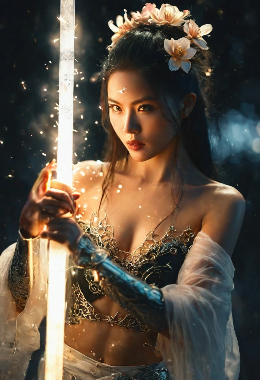 Female swordsman topless photography (Supermodel)，long hair, detailed face (Beautiful), beautiful eyes, atomic Correct,Raw, Lenses, (Clear focus:1.5), (Reality:1.4), Dusk lighting, Volumetric Lighting, Ultra-high resolution, 16K,Dramatic Lighting, White background：1.5），Glowing sword,(fighting stance),Hold the sword hilt tightly in your hand，1 sword，Solitary，（Zentangle，Mandala，Tangles，Entanglement：0.7） , Depth of Field, Dreamy atmosphere, The most beautiful form of chaos, grace, Brutalist design dark theme, Flower of Death, Flowers of ecstasy，glowing line,Glow Example，Tracking example，flash， Backlight，translucent，Light Particles，exit，xianxia