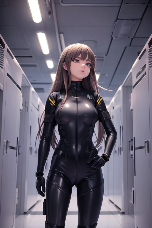 Teenage girl, Linda, wearing combat suit (fully body) provocative bodysuit), breastsout, defined body, anatomical correct, long  hair, high-tech, in a spaceship corridor, best qualityer, 3d, anime styling