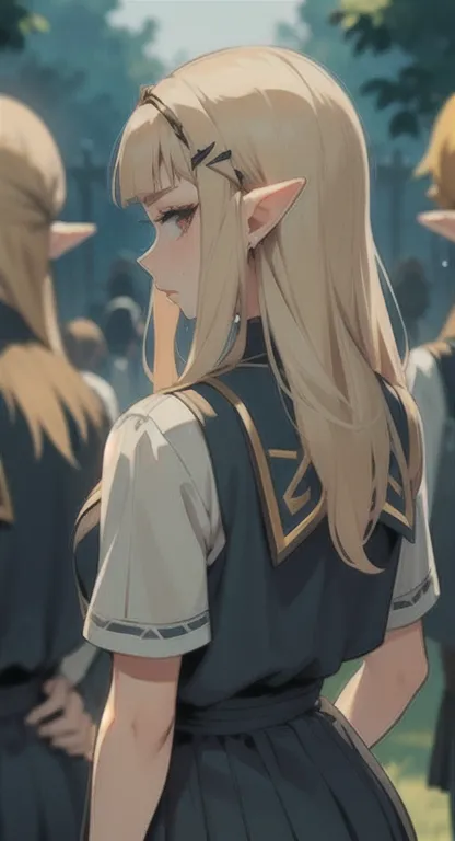 Sweating, Princess Zelda, Hyrule high school, school's uniform, students everywhere, looking at viewer annoyed, back view, SFW,