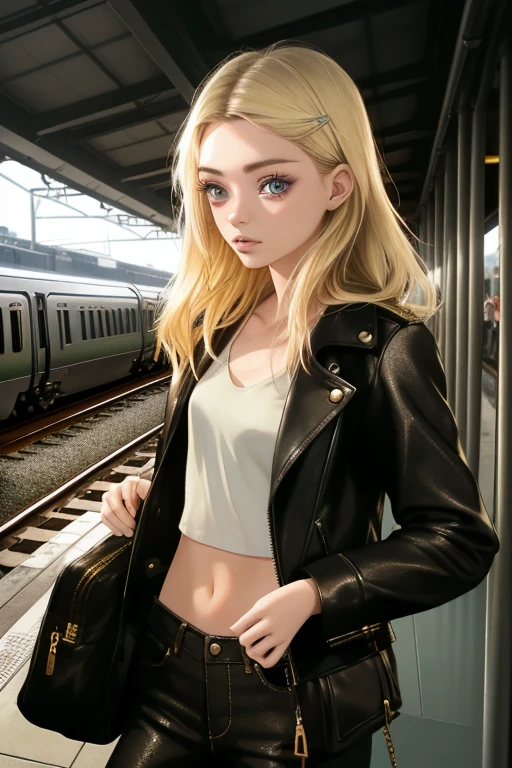 epiC35mm, medium shot of a young woman, with the features of (Sophie Mudd), (Dakota Fanning), (Ashley Greene),(dirty blonde hair,(perfect face), without makeup, slim body, lean build, narrow shoulders, traveller ready for the journey waiting on the train station, detailed sharp, flash photo 