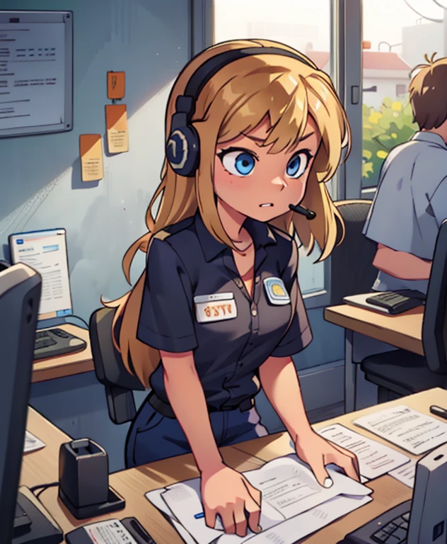 Riley Andersen, 1 Mädchen, Arbeit in einem Callcenter, Blonde, blaue Augen,