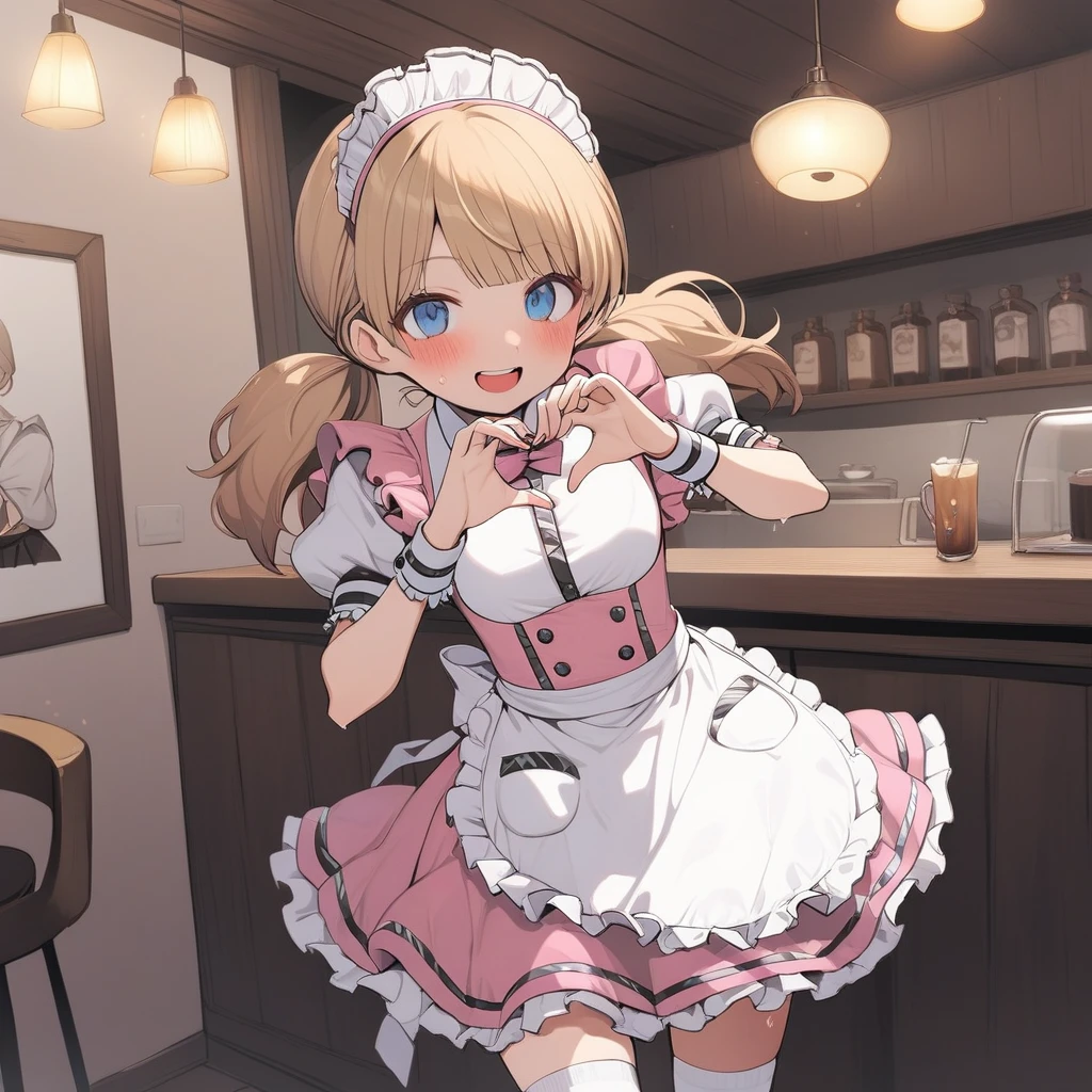 One girl, Sweaty Momoko, pritty-waitress, Pink Skirt, Show your hand, low Twin tails, blush, Knee socks, smile, blue eyes, :D, Cowboy Shot, short hair, heart hanDs, short Twin tails, White legwear, teeth, rounD teeth, heart, Twin tails, Open your mouth, ruffle cuffs, Frilled Skirt, Tilt your head, Medium Hair, Maid heaDDress, Eyebrows visible through hair, pocket, button, zettai ryouiki, Short sleeve, Pink Neckwear, Small breasts, Name tag, Wrist cuff, View your viewers, light Brown Hair, Blonde, waitress, Pink ribbon, Brown Hair, Are standing, Long Hair, Puffy sleeves, Maid, upper teeth, Pink Dress, Frill dress, White shirt, Collared shirt, puffy Short sleeve, Waist apron, Frill apron, Maid apron, White apron, Pink ribbontie, Cafe, indoor, masterpiece, Highest quality 