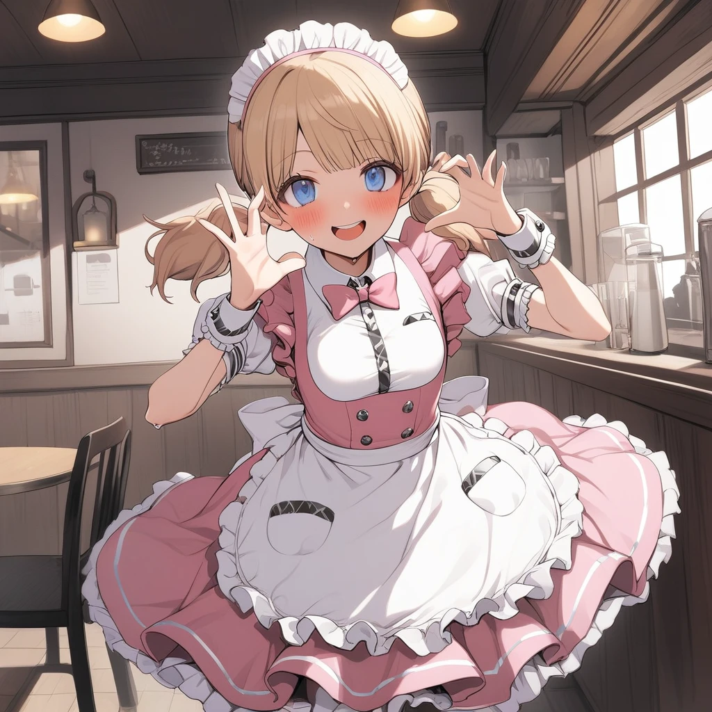 One girl, Sweaty Momoko, pritty-waitress, Pink Skirt, Show your hand, low Twin tails, blush, Knee socks, smile, blue eyes, :D, Cowboy Shot, short hair, heart hanDs, short Twin tails, White legwear, teeth, rounD teeth, heart, Twin tails, Open your mouth, ruffle cuffs, Frilled Skirt, Tilt your head, Medium Hair, Maid heaDDress, Eyebrows visible through hair, pocket, button, zettai ryouiki, Short sleeve, Pink Neckwear, Small breasts, Name tag, Wrist cuff, View your viewers, light Brown Hair, Blonde, waitress, Pink ribbon, Brown Hair, Are standing, Long Hair, Puffy sleeves, Maid, upper teeth, Pink Dress, Frill dress, White shirt, Collared shirt, puffy Short sleeve, Waist apron, Frill apron, Maid apron, White apron, Pink ribbontie, Cafe, indoor, masterpiece, Highest quality 