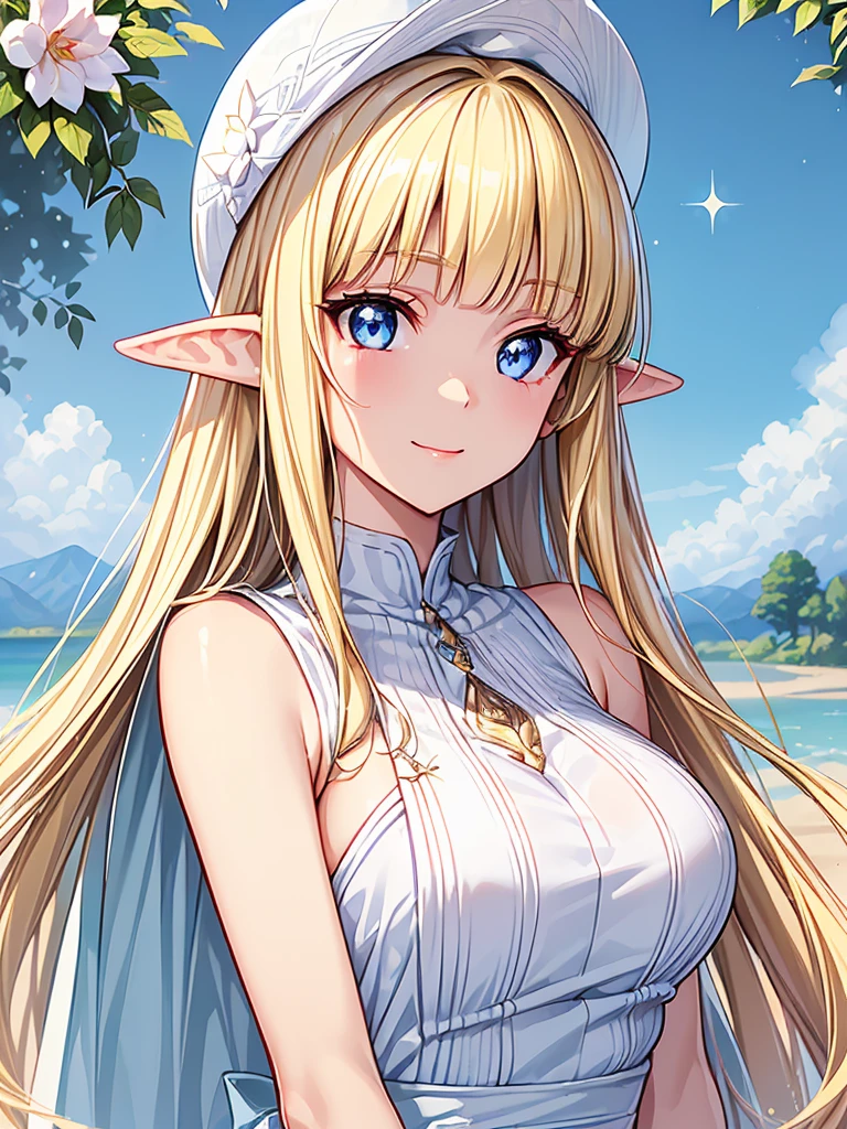 ((Trading Card Design、Super Rare、Sparkling))、16K、masterpiece、High resolution、High resolution、((Young Elven Woman))、((Beautiful white skin))、((Beautiful blonde))、((Beautiful Blue Eyes))、((Pointy Ears))、Smiling Kindly、blush、Sleeveless white shirt、Wear a straw hat、Clear blue sky、look at me、((Upper body close-up))