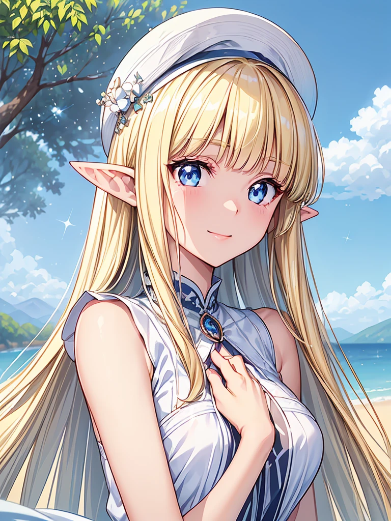 ((Trading Card Design、Super Rare、Sparkling))、16K、masterpiece、High resolution、High resolution、((Young Elven Woman))、((Beautiful white skin))、((Beautiful blonde))、((Beautiful Blue Eyes))、((Pointy Ears))、Smiling Kindly、blush、Sleeveless white shirt、Wear a straw hat、Clear blue sky、look at me、((Upper body close-up))