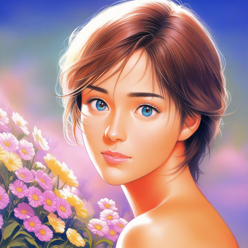 (best quality, 8k, masterpiece, highres, ultra-detailed), painterly portrait, woman, delicate face, wistful expression, white dress, lace details, field of wildflowers, soft sunlight, ethereal, dreamy, romantic, soft colors, impressionistic style, detailed eyes, beautiful detailed lips, extremely detailed eyes and face, long eyelashes.