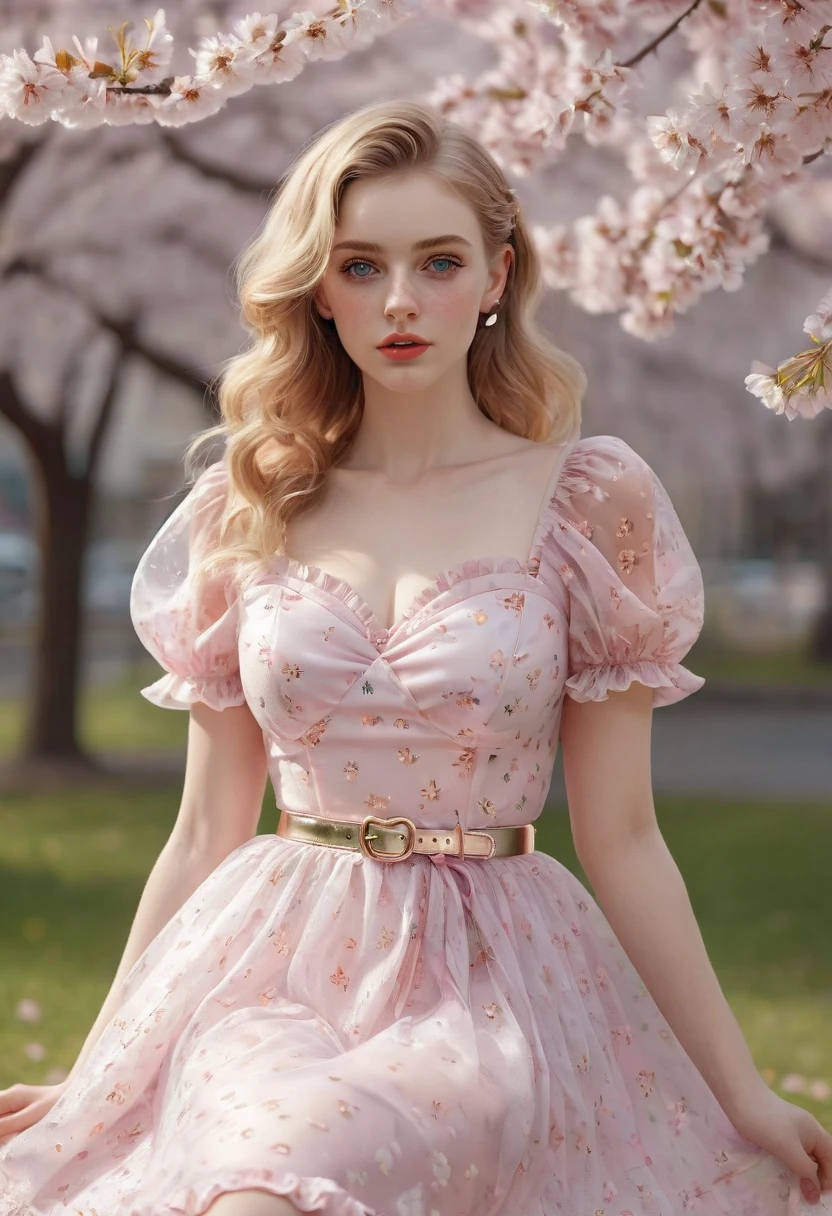 A beautiful sensual, curvy blonde kid wearing a sweet Pink Party Contrast Mesh, Ruffle Hem, All Over cherry blossoms Print, A Line, Short puff Sleeves, Sweetheart neckline, thin gold belt with tiny heart buckle, High Waist,Flounce hem Long gown, very long curling hair, cute, sweet, town picnic, warm party atmosphere, pretty, pretty lighting, 8k, octane render, detailed, detailed background, 35mm, realistic, photorealistic, perfect face, cherry blossoms barrettes in hair, freckles, American 