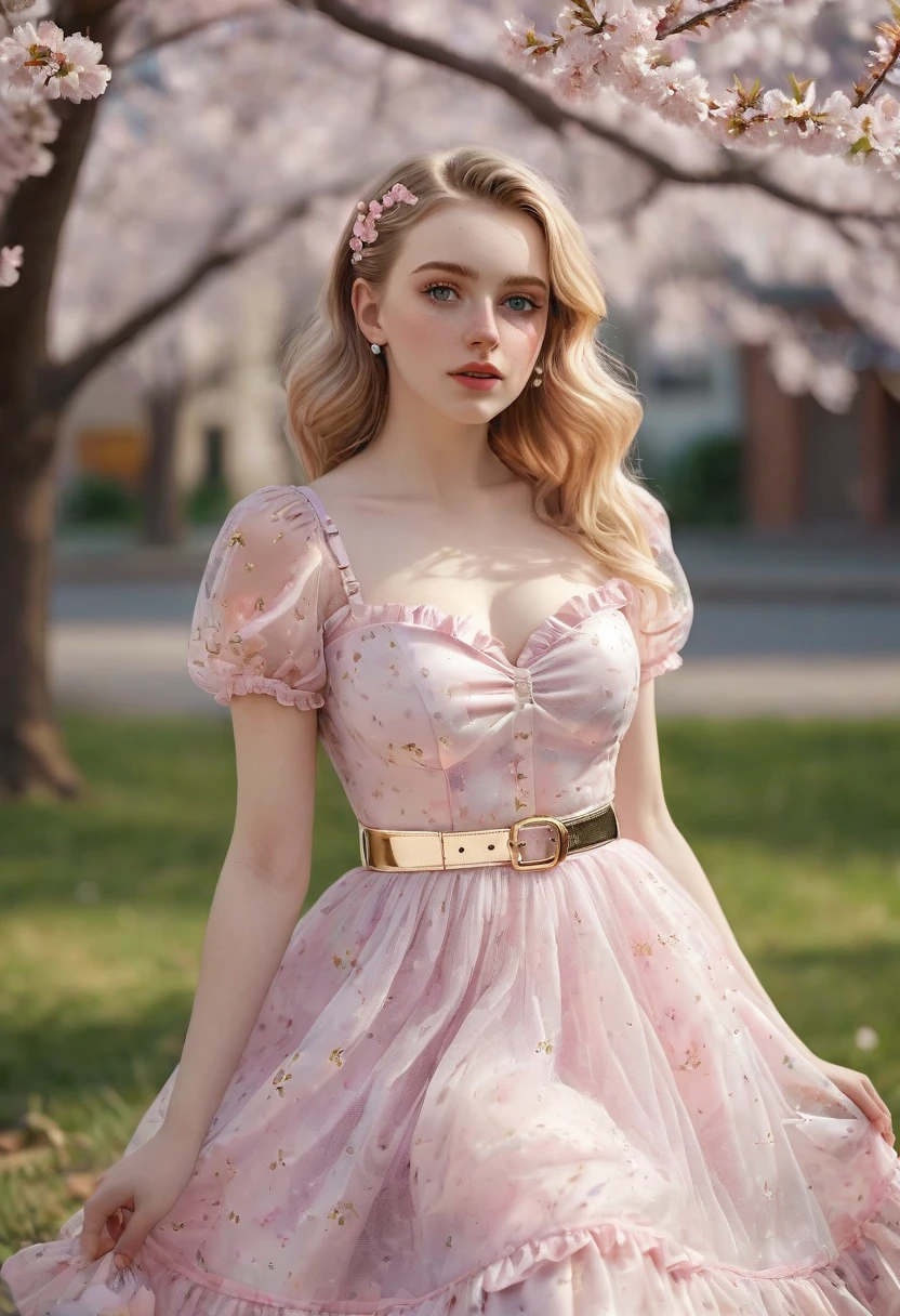 A beautiful sensual, curvy blonde kid wearing a sweet Pink Party Contrast Mesh, Ruffle Hem, All Over cherry blossoms Print, A Line, Short puff Sleeves, Sweetheart neckline, thin gold belt with tiny heart buckle, High Waist,Flounce hem Long gown, very long curling hair, cute, sweet, town picnic, warm party atmosphere, pretty, pretty lighting, 8k, octane render, detailed, detailed background, 35mm, realistic, photorealistic, perfect face, cherry blossoms barrettes in hair, freckles, American 