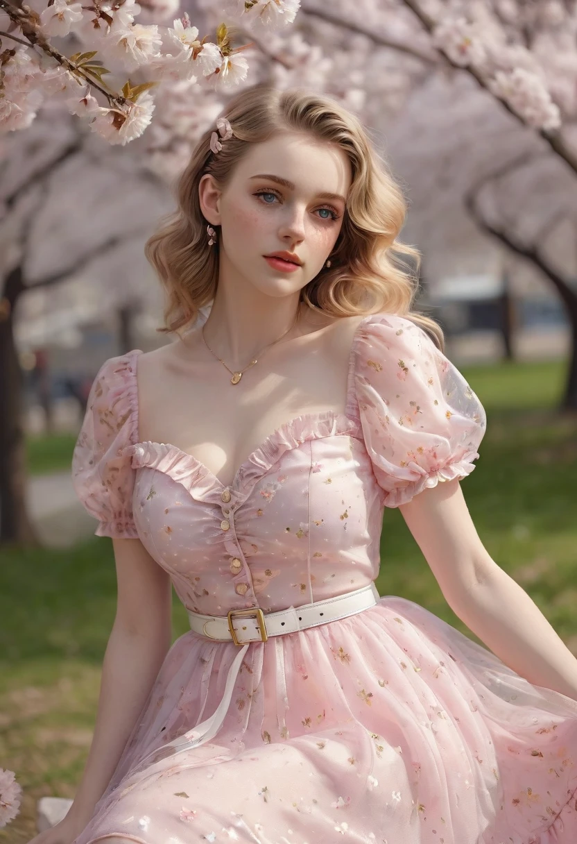 A beautiful sensual, curvy blonde kid wearing a sweet Pink Party Contrast Mesh, Ruffle Hem, All Over cherry blossoms Print, A Line, Short puff Sleeves, Sweetheart neckline, thin gold belt with tiny heart buckle, High Waist,Flounce hem Long gown, very long curling hair, cute, sweet, town picnic, warm party atmosphere, pretty, pretty lighting, 8k, octane render, detailed, detailed background, 35mm, realistic, photorealistic, perfect face, cherry blossoms barrettes in hair, freckles, American 