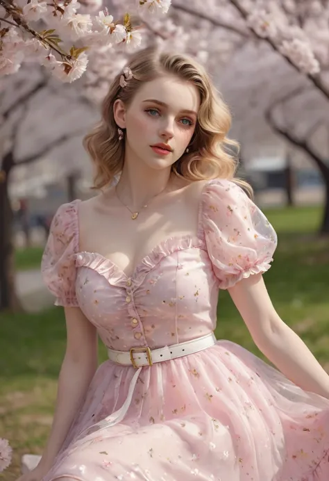 a beautiful sensual, curvy blonde kid wearing a sweet pink party contrast mesh, ruffle hem, all over cherry blossoms print, a li...