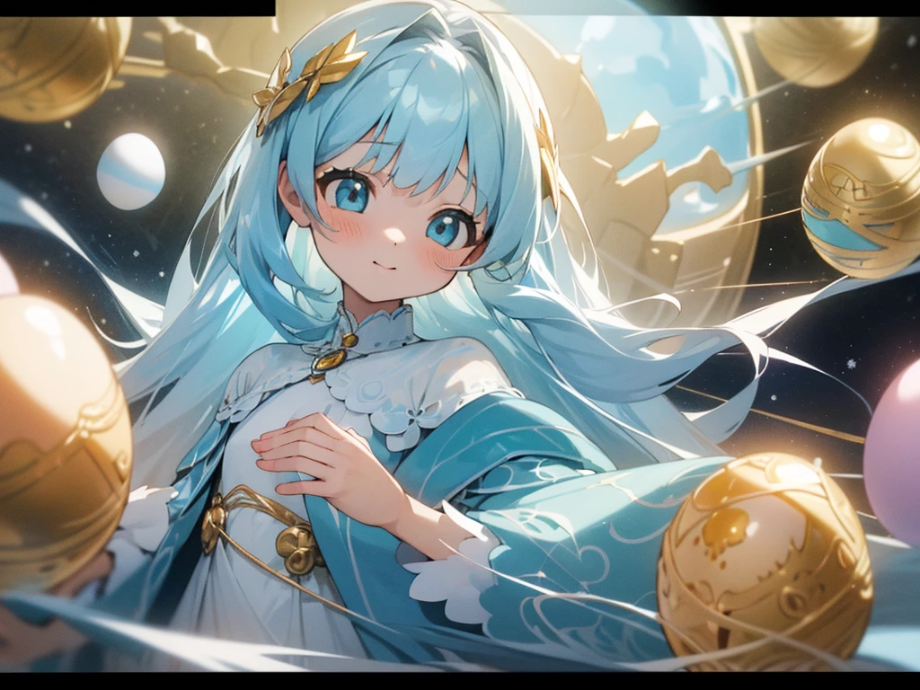 ​masterpiece, best quality, extremely detailed, (illustration, official art:1.1), 1 girl ,(((( light blue long hair)))), ,(((( light blue long hair)))),light blue hair,loli, long hair ((blush)) , cute face, big eyes, masterpiece, best quality,(((((a very delicate and beautiful girl))))),Amazing,beautiful detailed eyes,blunt bangs((((little delicate girl)))),tareme(true beautiful:1.2), sense of depth,dynamic angle,,,, affectionate smile, (true beautiful:1.2),,(tiny 1girl model:1.2),)(flat chest),A dimension where Earth like planets are hatched from eggs covered in gold, silver and jewels laid out in fractal patterns, As the eggs hatch the planets are sent into different dimensions, Christmas theme