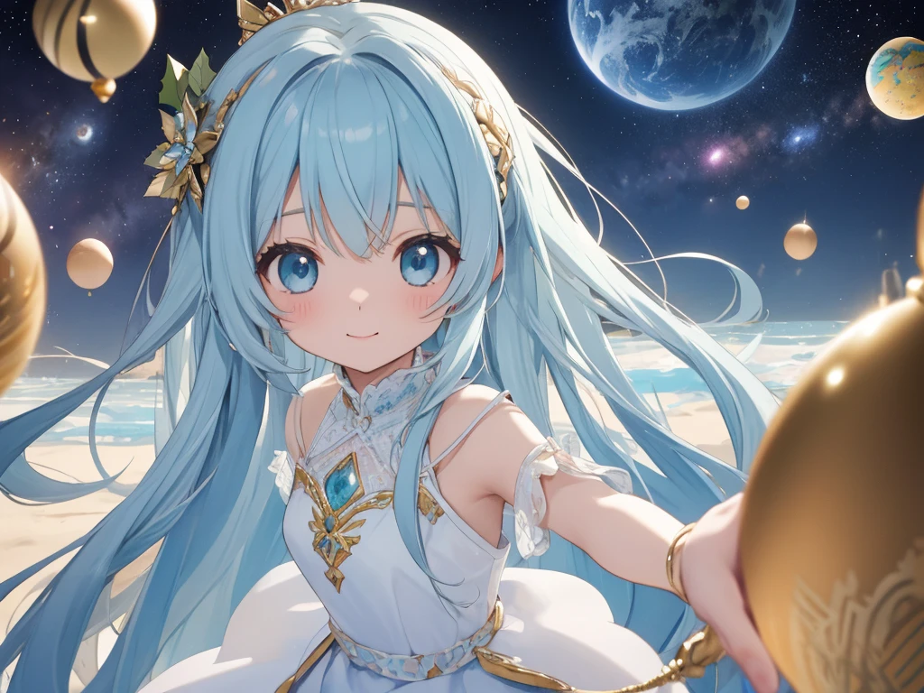 ​masterpiece, best quality, extremely detailed, (illustration, official art:1.1), 1 girl ,(((( light blue long hair)))), ,(((( light blue long hair)))),light blue hair,loli, long hair ((blush)) , cute face, big eyes, masterpiece, best quality,(((((a very delicate and beautiful girl))))),Amazing,beautiful detailed eyes,blunt bangs((((little delicate girl)))),tareme(true beautiful:1.2), sense of depth,dynamic angle,,,, affectionate smile, (true beautiful:1.2),,(tiny 1girl model:1.2),)(flat chest),A dimension where Earth like planets are hatched from eggs covered in gold, silver and jewels laid out in fractal patterns, As the eggs hatch the planets are sent into different dimensions, Christmas theme