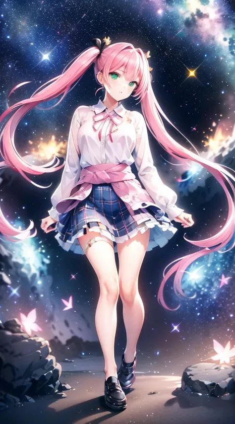 High detail, Super detailed, Ultra-high resolution, A girl having fun in a dreamlike galaxy, Surrounded by stars, The warm light...