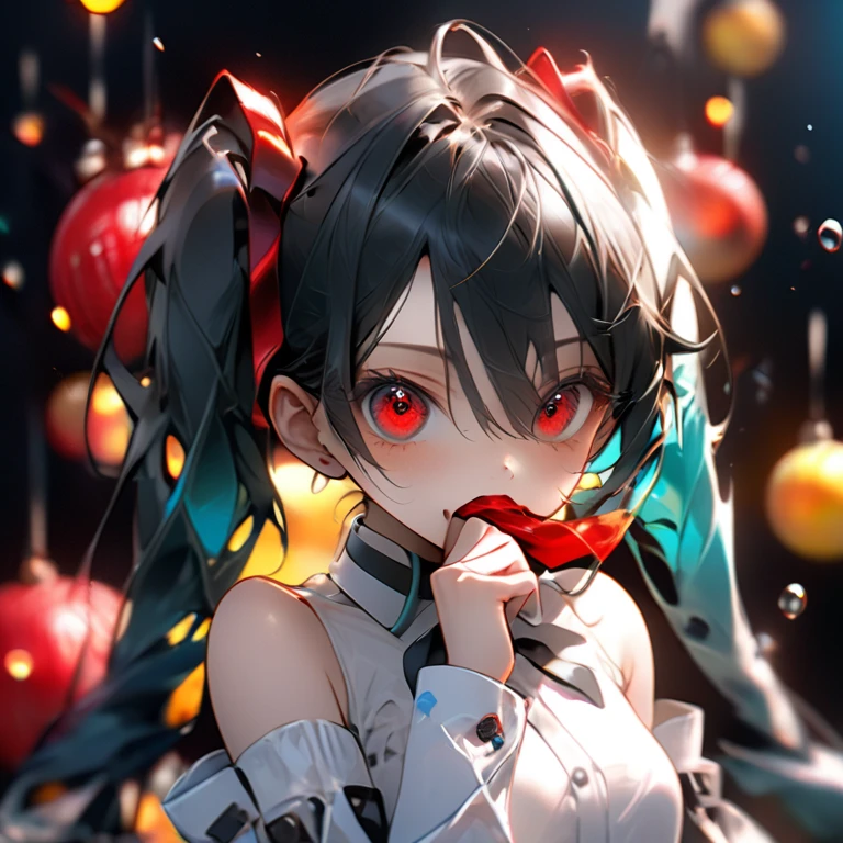 a beautiful detailed portrait of Hatsune Miku, white shirt, dark red tie, bare shoulders, separated sleeves, evil smiley face, red pupil, hand in mouth, full body (best quality,4k,8k,highres,masterpiece:1.2),ultra-detailed,(realistic,photorealistic,photo-realistic:1.37),HDR,UHD,studio lighting,ultra-fine painting,sharp focus,physically-based rendering,extreme detail description,professional,vivid colors,bokeh,digital art,concept art