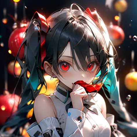 a beautiful detailed portrait of hatsune miku, white shirt, dark red tie, bare shoulders, separated sleeves, evil smiley face, r...