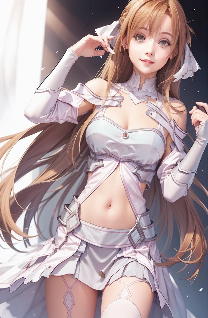 1 female, SAO Asuna's face, Asuna's hairstyle, big ribbon in hair, real beautiful girl, (realistic lips), smile like an angel, BREAK high-definition face, high-definition body, BREAK, off-shoulder cleavage, (open stomach), frilly 3-tier miniskirt, leaning forward, (face)