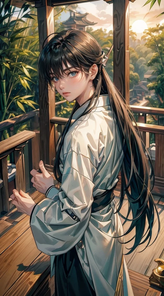 ((4K works))、​masterpiece、(top-quality)、One Beautiful Boy、thin body、thin boy,tall、((green Hanfu、Charming street style))、(Detailed beautiful eyes)、Stylish Chinese house 、((bamboo forest background))、((dark sky))、((Shot on a stylish veranda))、mid night、((long-haired black hair))、((Smaller face))、((Neutral face))、((growing eyes))、((Adult male 20 years old))、((1boy))、((anime boy))、((elongated and sharp eyes))、((20 year old boy))、((boyish))、((Upper body photography))、Professional Photos、((Shot alone))、((shot from back))、((Shot so that the back of the head is visible))、((Shot in close proximity to him))、((Focus zoom in))、((He is watching the sunset))、((He is standing on the balcony)),long hair, 16k,