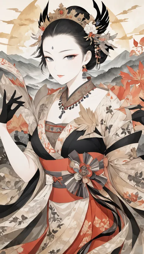 fusion of watercolors and oil paintings, fusion of paper cutting and shadow puppetry, mix of monochrome and color, best quality, super fine, 16k, incredibly absurdres, extremely detailed, 2.5D, delicate and dynamic, Himiko, the Queen of Yamataikoku, a beautiful woman, 170 AD to 248 AD, landscape images and effects from that era, classical art