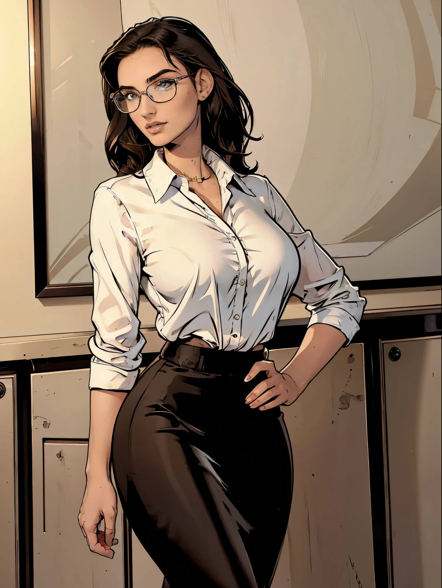 Gorgeous and sultry busty athletic (thin) brunette with sharp facial features wearing a white blouse and black pencil skirt, glasses