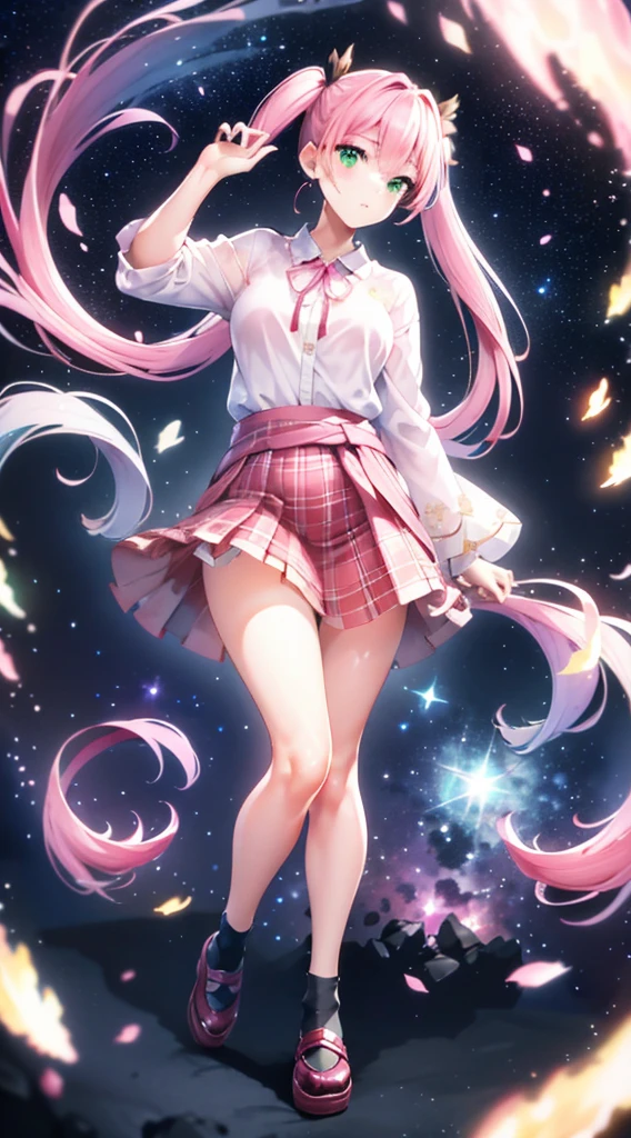 High detail, Super detailed, Ultra-high resolution, A girl having fun in a dreamlike galaxy, Surrounded by stars, The warm light that shines on her, Starry background with colorful galaxies and galactic clouds, The stars fly around her, Add a playful touch ,(((Pink long hair)))、(((Half Twin Tail)))、solo、Green Eyes、skirt、(((long back hair)))、shirt、shoes下、(Blue waistband)、白いshirt、((格子縞のskirt))、(Plaid)、sleevesa rolled up、chest、襟付きshirt、ribbon、Knee-high、bangs、shoes、(茶色のskirt)、赤いribbon、(茶色のプリーツskirt)、Mouth closed、ネックribbon、Medium breast 、Beautiful female fingers、Accurate Fingers、