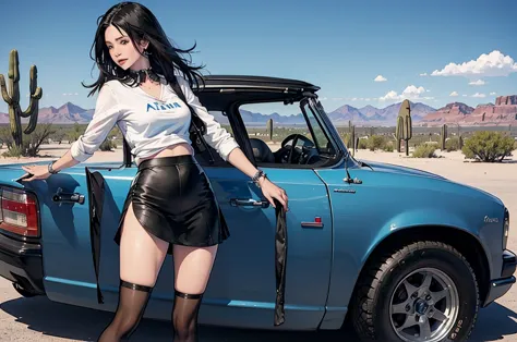 ((masterpiece)), ((best quality)), 1girl, black_hair, blue_eyes, shirt, skirt, tights, arizona_desert, lowrider, lowrider, conve...