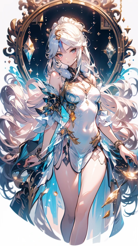 ((masterpiece, best quality)), Delicate face，goddess，whole body，Long legs，Standing picture，Perfect body proportions，Long wavy hair，beautiful eyes，Fantasy style，Extremely beautiful，Pure white background，Water Ripples，transparent，Sexy Lingerie，chain