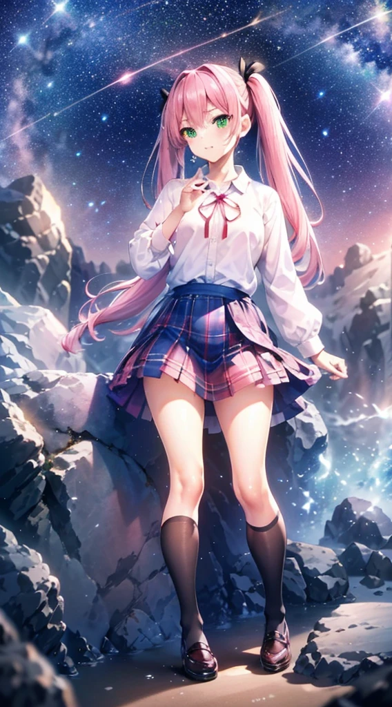 High detail, Super detailed, Ultra-high resolution, A girl having fun in a dreamlike galaxy, Surrounded by stars, The warm light that shines on her, Starry background with colorful galaxies and galactic clouds, The stars fly around her, Add a playful touch ,(((Pink long hair)))、(((Half Twin Tail)))、solo、Green Eyes、skirt、(((long back hair)))、shirt、shoes下、(Blue waistband)、白いshirt、((格子縞のskirt))、(Plaid)、sleevesa rolled up、chest、襟付きshirt、ribbon、Knee-high、bangs、shoes、(茶色のskirt)、赤いribbon、(茶色のプリーツskirt)、Mouth closed、ネックribbon、Medium breast 、Beautiful female fingers、Accurate Fingers、