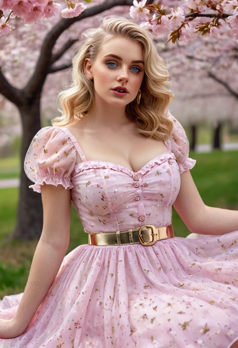 una hermosa sensual, curvy blonde kid wearing a dulce Pink  Contrast Mesh, Dobladillo con volantes., Estampado integral de flores de cerezo, Una línea, mangas cortas, Escote corazón, cinturón fino dorado con pequeña hebilla en forma de corazón, cintura alta,Vestido largo con volante en el bajo, pelo muy largo y rizado, lindo, dulce, picnic de la ciudad, ambiente cálido, bonito, bonito lighting, 8K, renderizado de octanaje, detallado, detallado background, 35mm, Realista, photoRealista, cara perfecta, pasadores de flores de cerezo en el cabello, pecas, Americano 