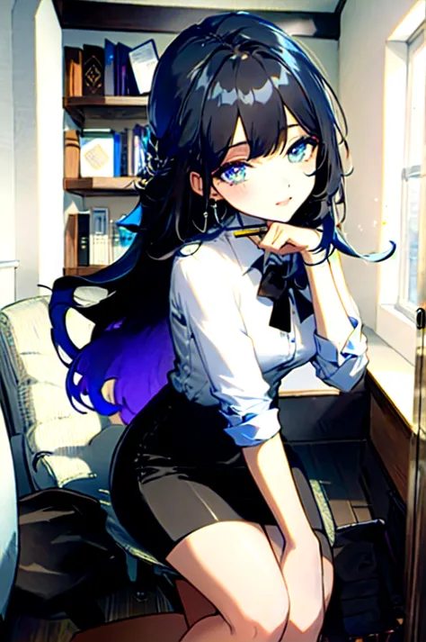 (masterpiece, best quality, ultra-detailed, beautiful detailed eyes:1.2), nice hand, perfect hands, 1girl, black hair, office la...