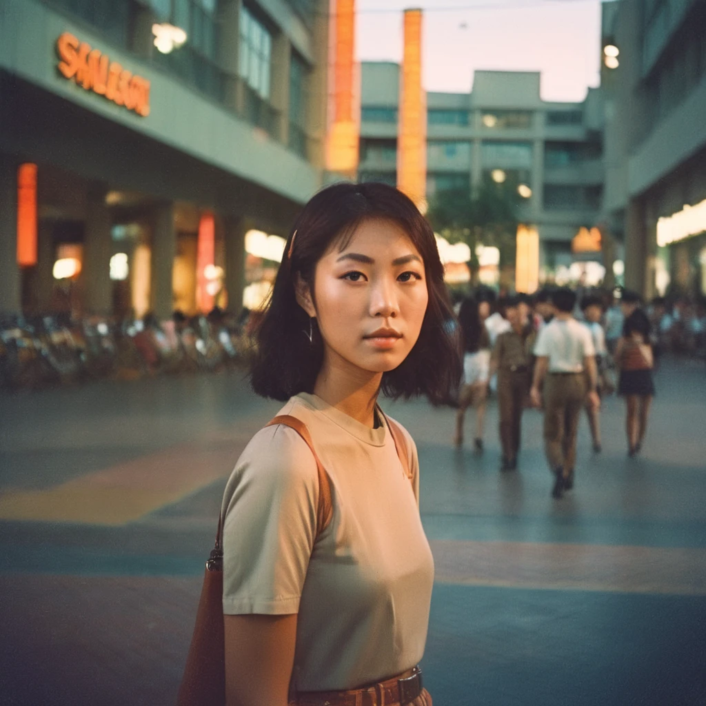 ビンテージ写真, 若いアジア人女性のポートレート, アナログフィルム, 1970年代の流行の服と髪型を身に着けている, 柔らかな照明, ショッピングモールの背景, 三分割法の構図, 目に見える木目, 浅い焦点, 
,アナログ, アナログレッドマAF,
