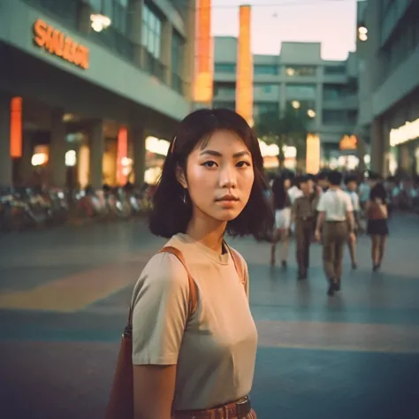 Vintage Photograph, young asian Woman Portrait, Analog Film, Wearing trendy 1970s clothes and haircut, Soft Lighting, mall Backg...